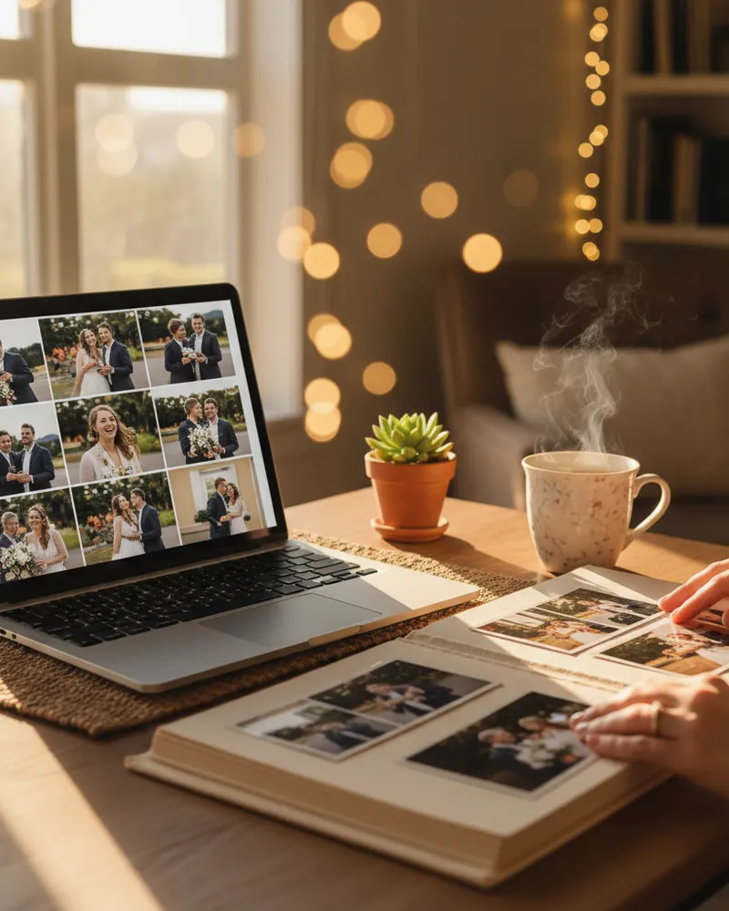 A laptop displaying a photo gallery interface beside an open paper album on a sunlit desk