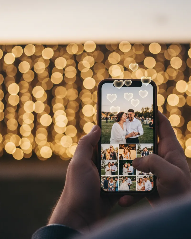 Close-up of a phone showing a photo gallery thumbnail with reaction icons floating above