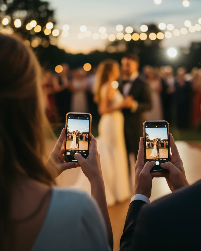 Three event guests holding up phones to capture the dance floor in real time