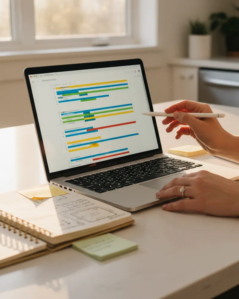 Hands editing a colorful Gantt-style timeline on a modern laptop