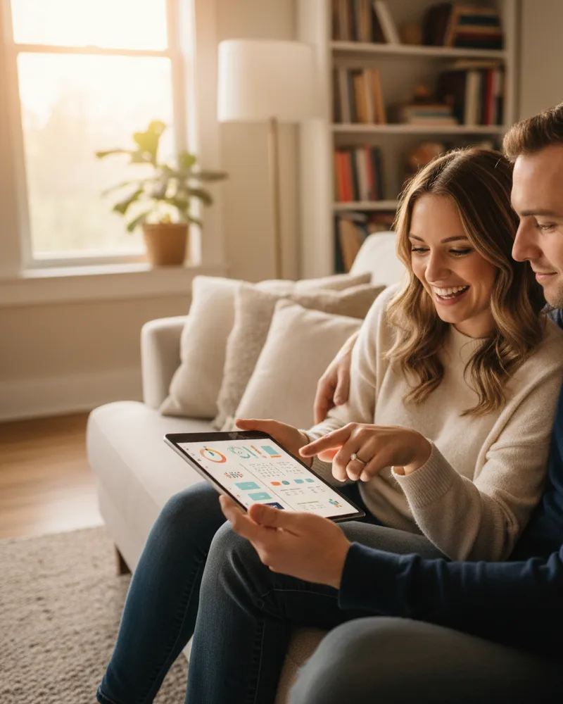 Engaged couple looking at a wedding planning dashboard on a tablet