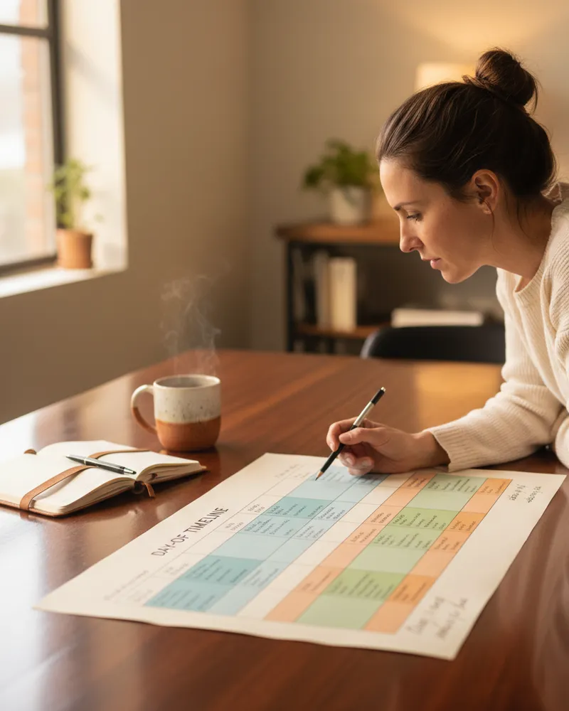 Event planner reviewing a printed day-of timeline poster at a desk