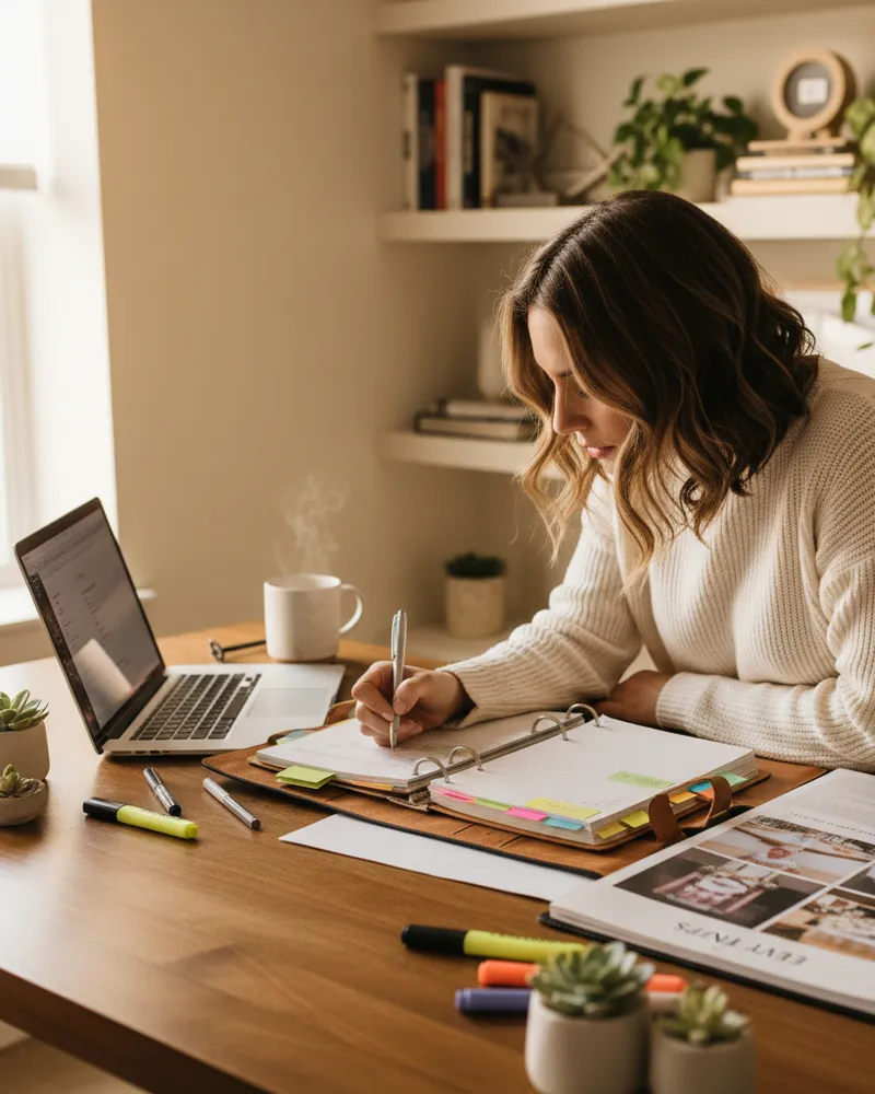 Wedding planner with binder and laptop reviewing a planning catalog