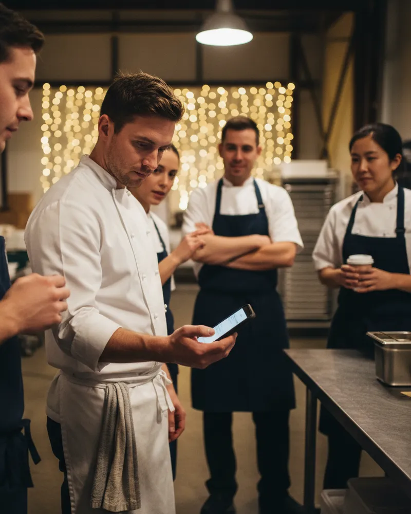Catering team backstage at a venue reviewing the timeline on a phone