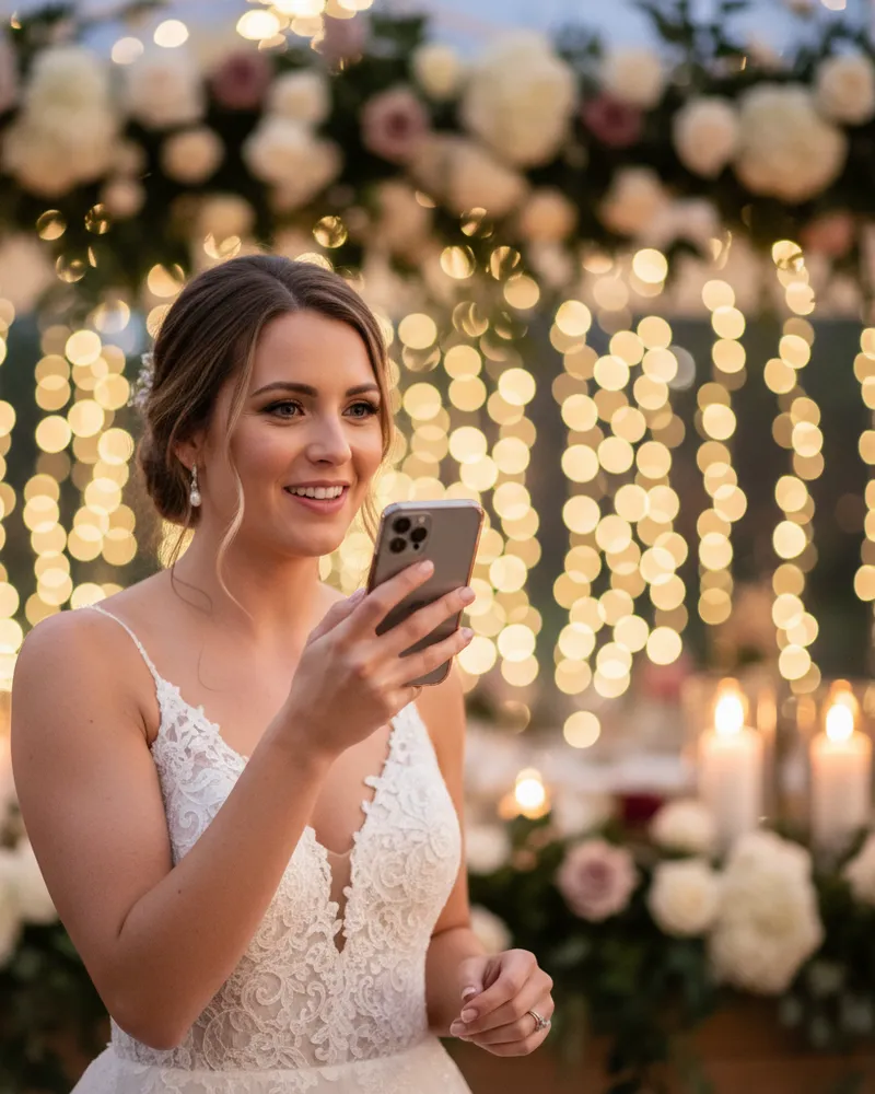 A guest leaning toward a phone microphone to record a voice memo at a reception