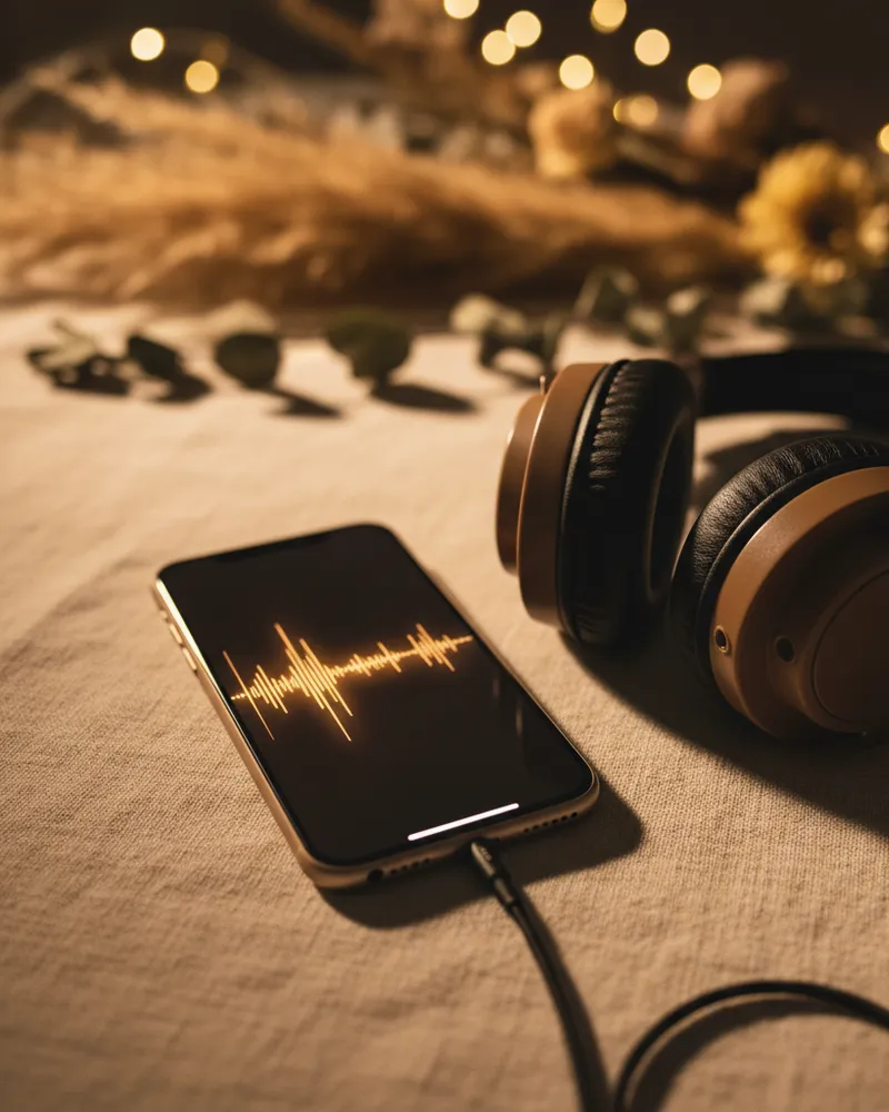 A phone with a glowing audio waveform on screen, headphones plugged in, candlelit table