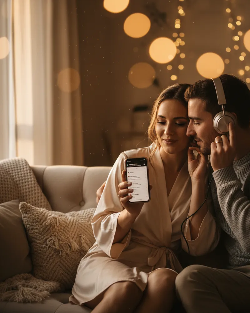 A couple at home the day after the event, reviewing voice memos on a phone together