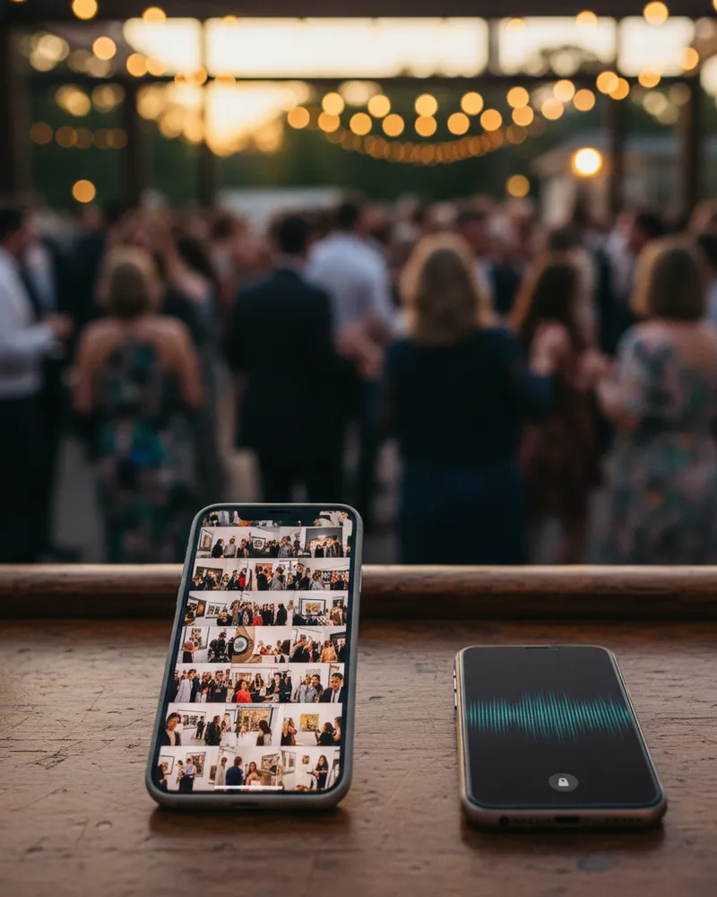 Two phones side by side on a wooden bar — one showing a public photo grid, one showing a single locked voice memo
