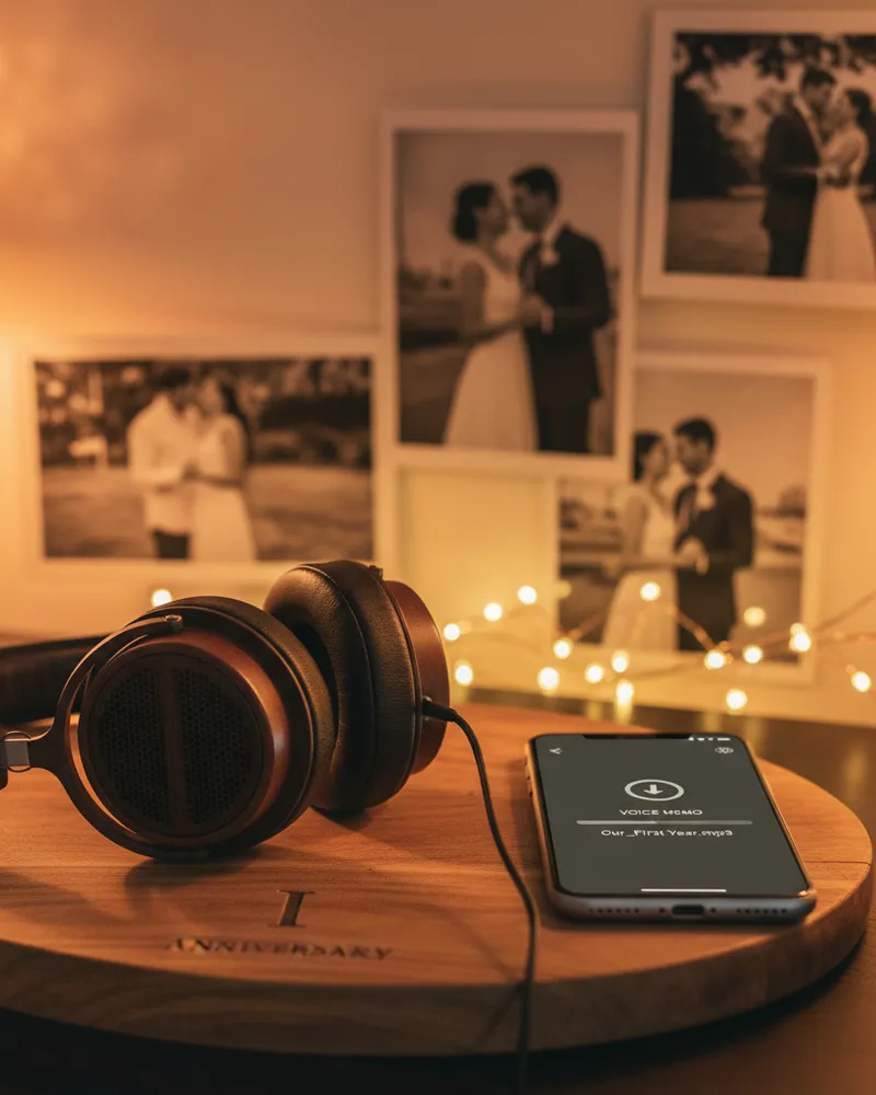 Headphones on an anniversary plaque next to a phone showing a download-in-progress indicator